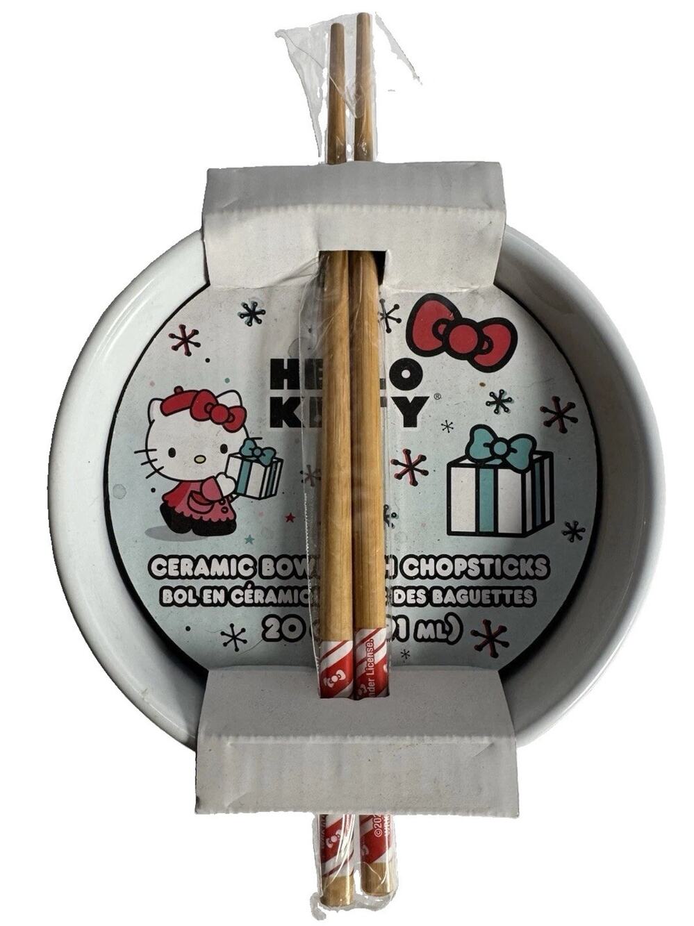 Hello Kitty Ceramic Ramen Bowl Chopsticks 20 oz Pink Winter Sanrio New